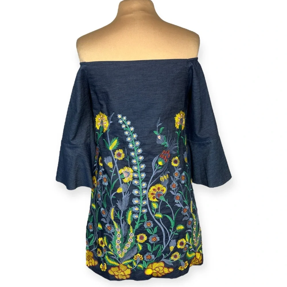 Alice + Olivia Embroidered Off-Shoulder Chambray Mini Dress Floral Blue Size S - Picture 5 of 10